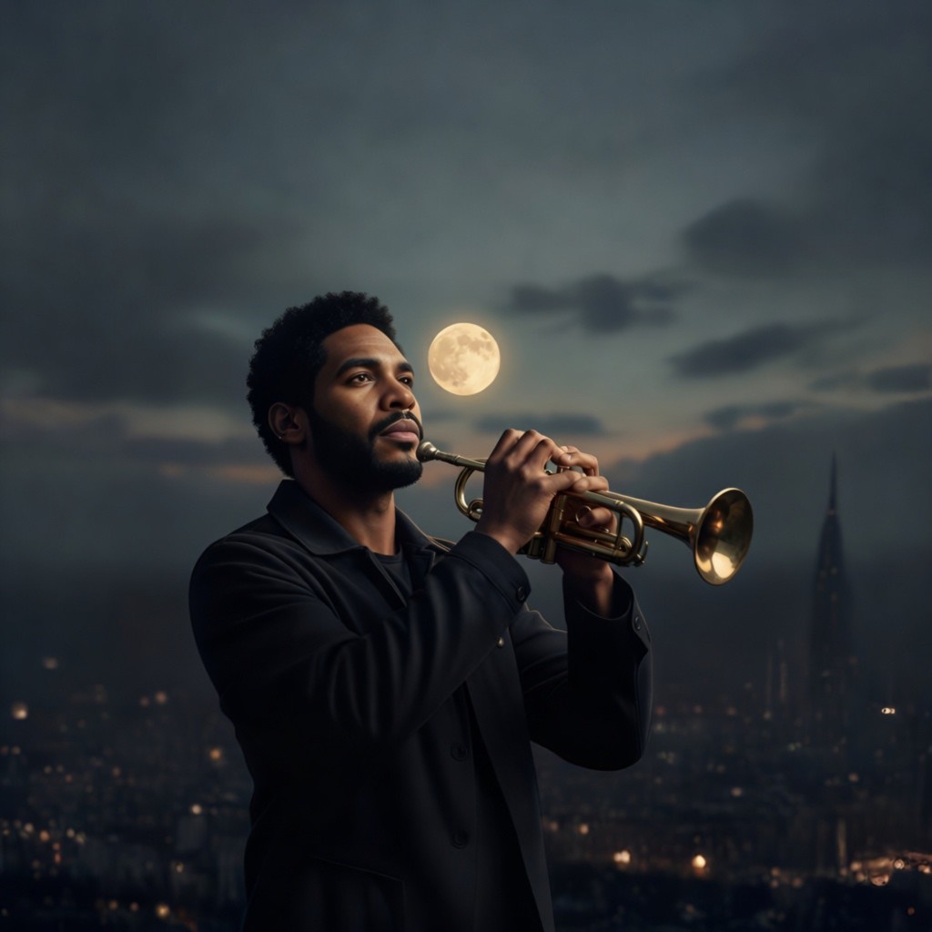 Groovella, pop-funk-soul-jazz artist, playing trumpet under the moon — official photo